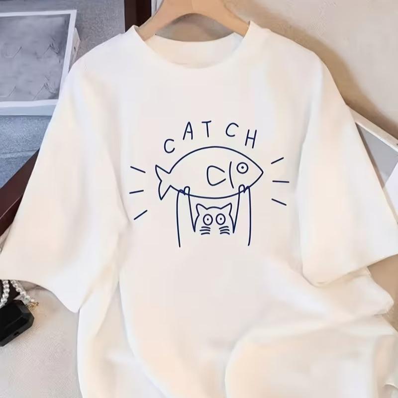 Cute Cat Catch Fish T-Shirt Women Men Funny Graphic Tee Short Sleeve O-Neck Casual Harajuku Style Top Summer Gift
