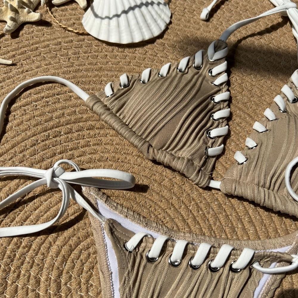 Lace Up Bikini Suit Ruffled Halter Neck Sling Swimsuit Fashion Swimwear Set  Swimming Pool