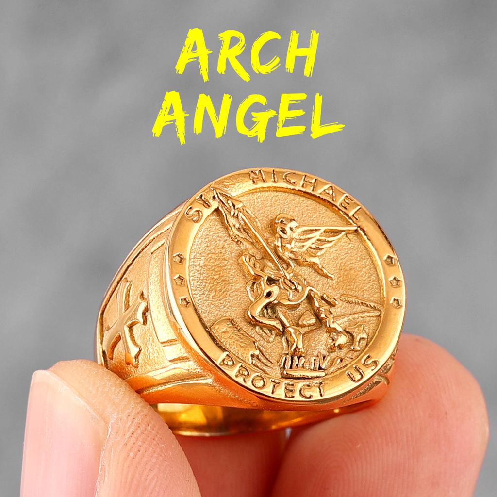 Archangel Saint Michael Exorcism Stainless Steel Mens Rings Punk Amulet for Male Boyfriend Jewelry Creativity Gift Wholesale