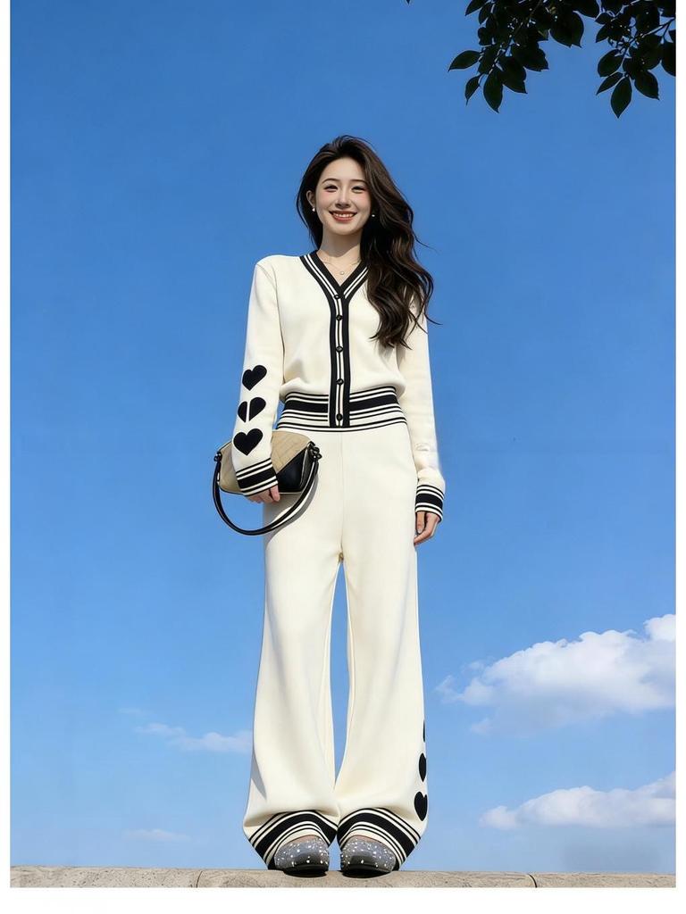 7783 Korean Fashion Rich Girl Heart Color Block Knit Cardigan & Long Pants Set - Fall/Winter