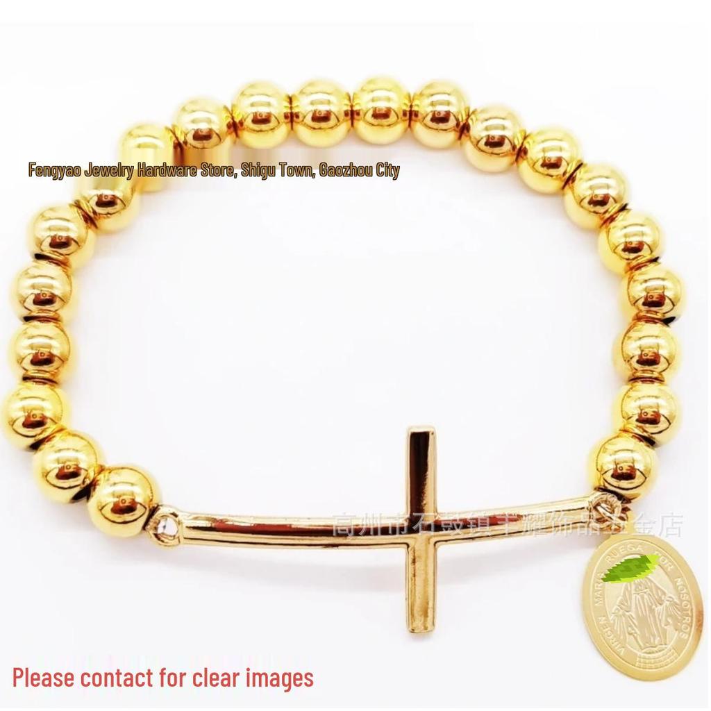 8mm Random Three-Color Bead Stainless Steel Handcrafted Cross Bracelet