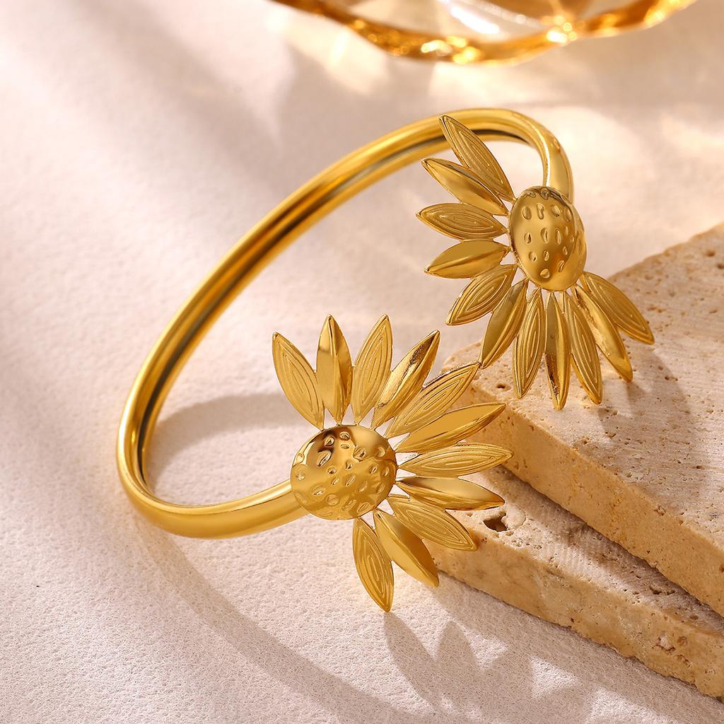 Gold Color Double Sun Flower Open Bracelet For Women Elegant Stainless Steel Cuff Bangles Waterproof Summer Jewelry Fashion Gift