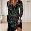 Women Plus Size V Neck Long Sleeve Purple Black Gem Printed Curved Hem Dress