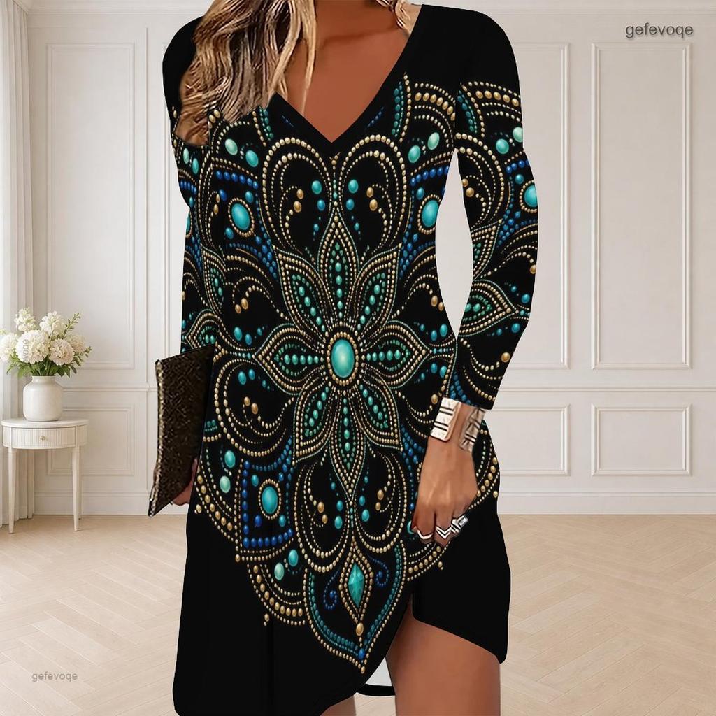 Women Plus Size V Neck Long Sleeve Purple Black Gem Printed Curved Hem Dress