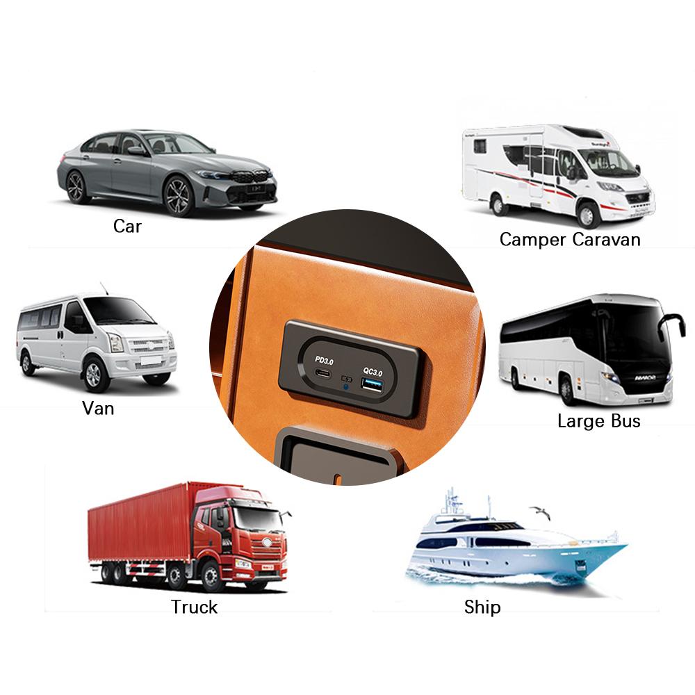 USB Charger Socket Dual USB Charger Outlet For Camper Caravan Boat Bus Truck PD3.0 Type-C Port Adapter LED Light Quick Charge Panel Wall Mount 12/24V