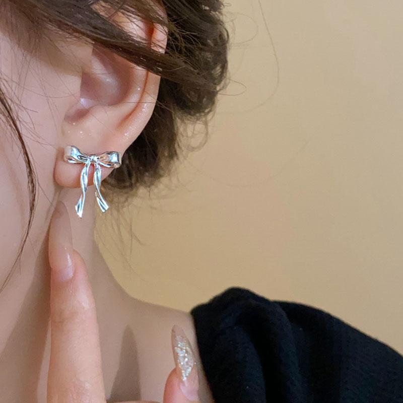 S925 Silver Bow Knot Stud Earrings Elegant Simple Cute Jewelry For Women Girls Fine Piercing Ear Accessories