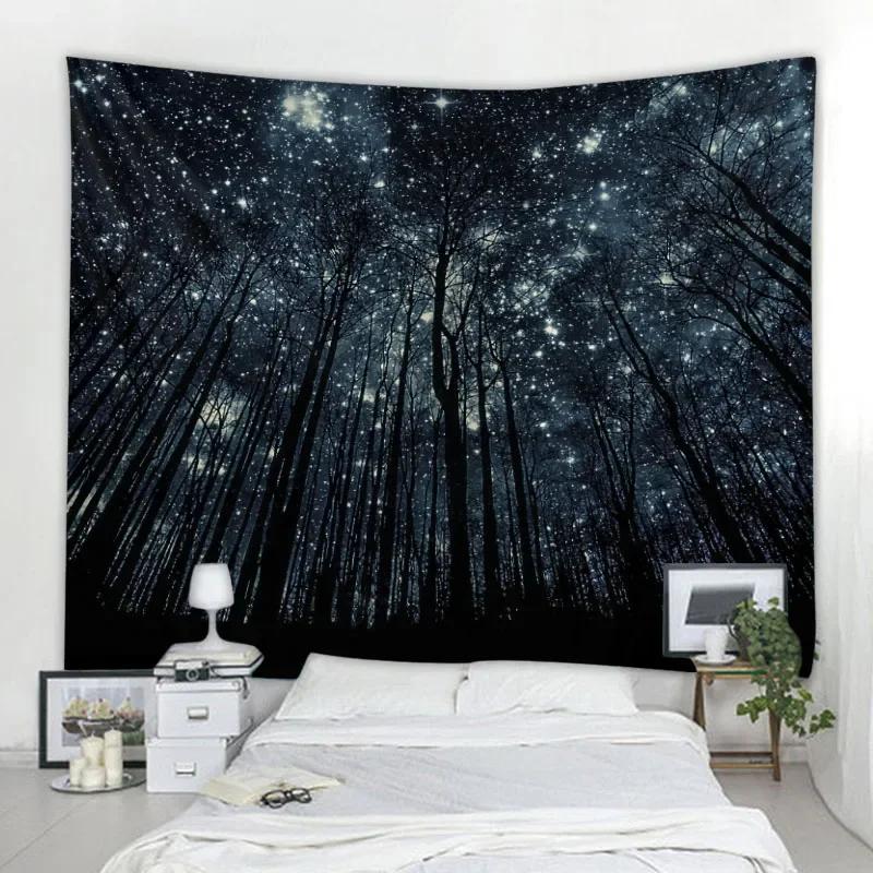 Starry Sky Forest Tapestry Moonlight Night Psychedelic Bohemian Tapestry Home Decor Wall Hanging Living Room Art Background 74x94cm(29x37in)