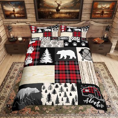 Homewish Rustic Deer Bear Duvet Cover Set Woodland Animal Checkered Quilt Cover Set Farmhouse Lodge Cabin Bedding Set