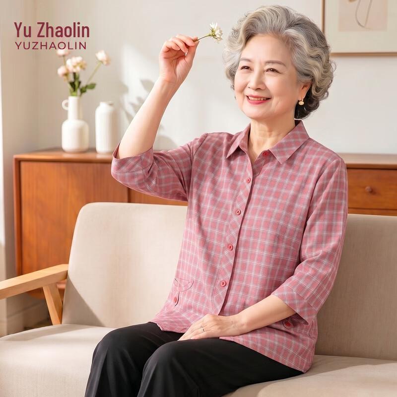 YUZHAOLIN Women s Middle-Aged & Elderly Stylish Printed Cotton Three-Quarter Sleeve Lapel Shirt 3XL красный