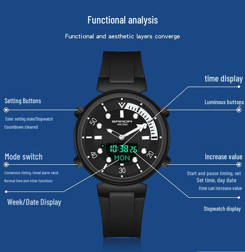 Sanda Youth Luminous Multi-Functional Waterproof Wristwatch