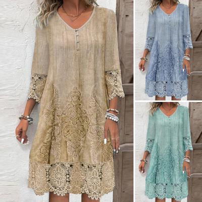 Summer Women Dress V Neck Hollow Out Lace Buttons Three Quarter Sleeves Embroidery Solid Color Loose Knee Length Retro Midi Dress