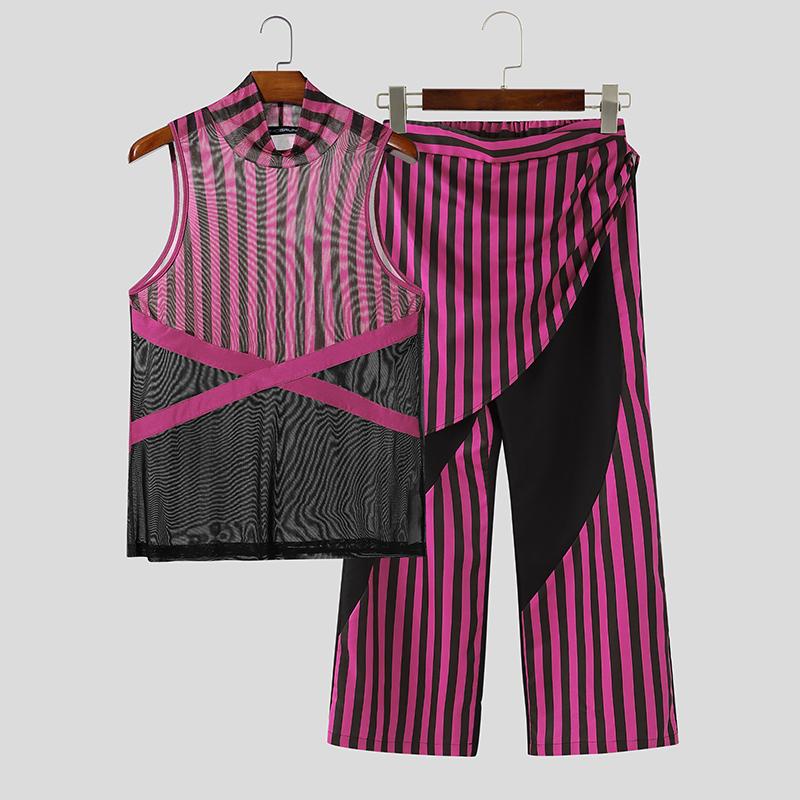 INCERUN 2PCS Men Sleeveless Striped Mesh Sheer Tank Tops Elastic Waist Layers Pants Sets