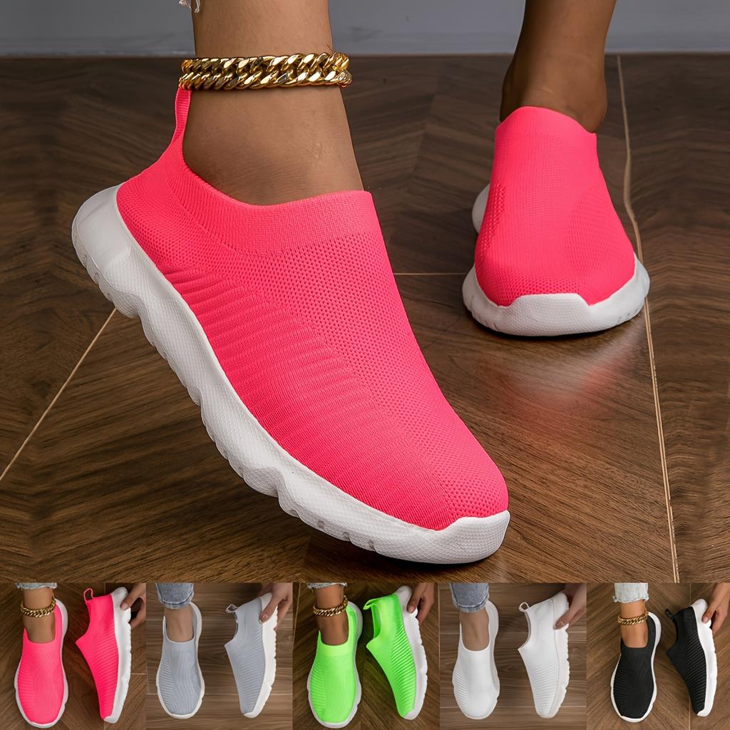Women's Breathable Knit Sneakers, Casual Slip On Outdoor Shoes, Lightweight Low Top Trainers Plus Size