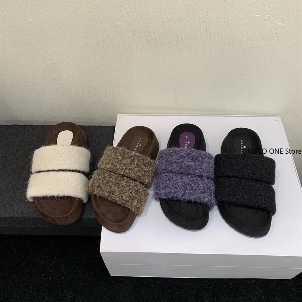 Fashion Fur Platform Women Flats Slippers Winter Designer New Casual Shoes Women 2025 Trend Home Cotton Slippers Cozy Soft Mujer Zapatos