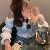 Women Top Sexy Blouse Off Shoulder Top Long Sleeve Solid Color White Shirt Puff Sleeve Ruffle Tunic Crop Top Summer Tube Top