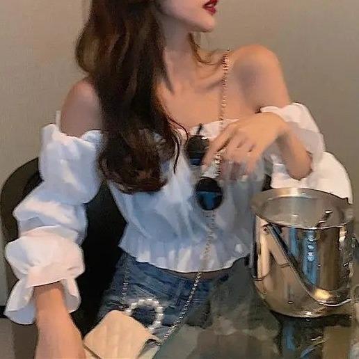 Dámský top sexy halenka bez ramen Top s dlouhým rukávem Jednobarevná Bílá košile s nabíraným rukávem Volán Tunika Top Letní Tube Top