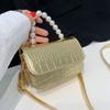 Luxury Mini Leather Bag Women Crocodile Pattern Flap Bags Pearl Handle Shoulder Messenger Bag Female Crossbody Bag Purse Handbag