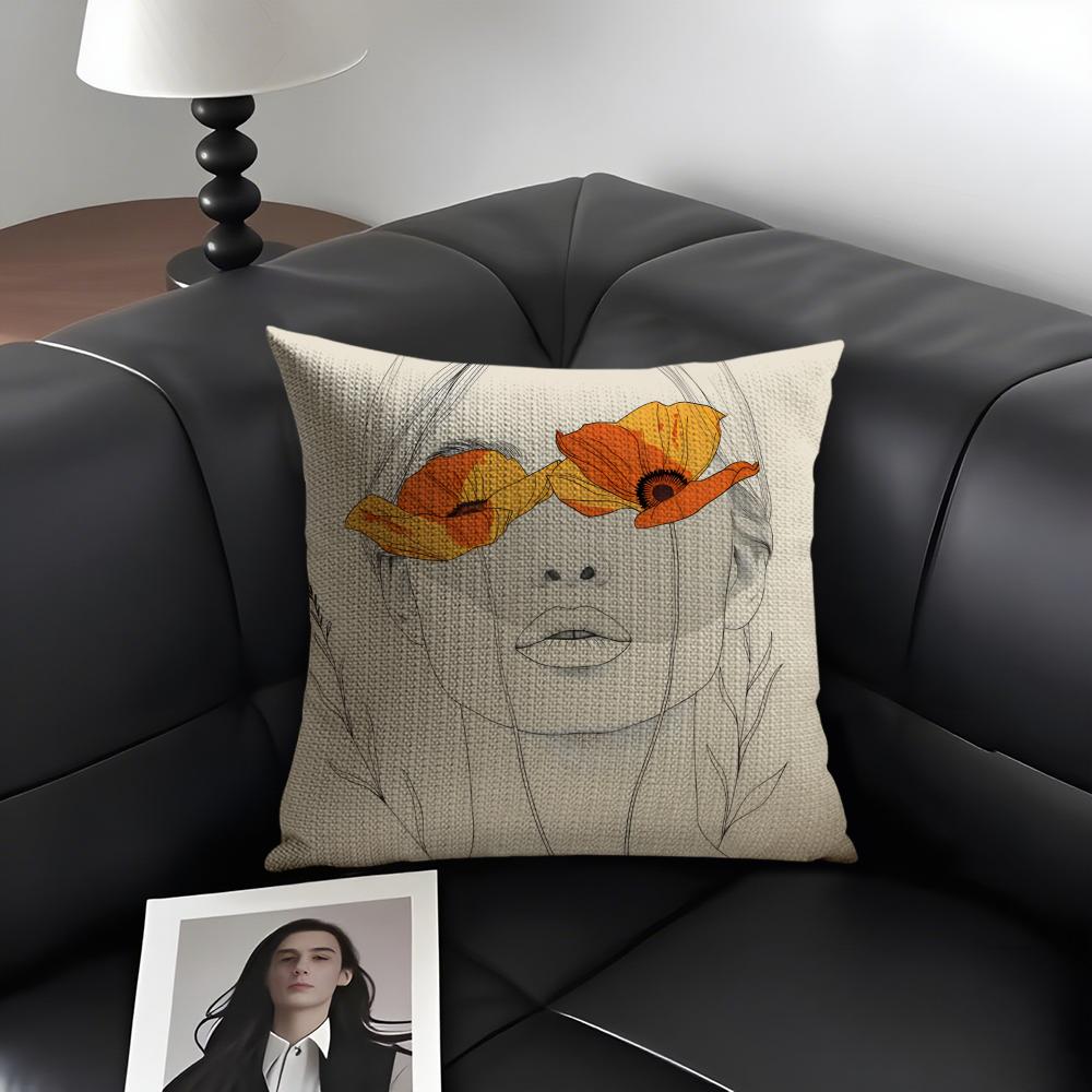 Flowers And Women Cushion Cover Natural Linen Organic Fabric DoubleSided Printing Sofa Home Decor Gift Pillow Case
