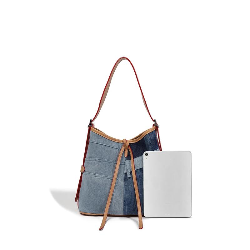 England Style Casual Denim Bucket Bags for Women Luxury Designer Bags and Bags New In Stitched Decoration Shoulder Cloth Bag High Quality
