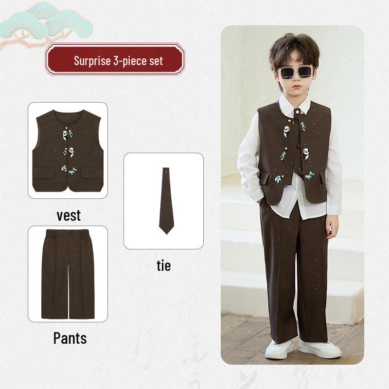 Boys' Spring Hanfu Vest Set with Embroidery - Formal Wear for Performances and Events