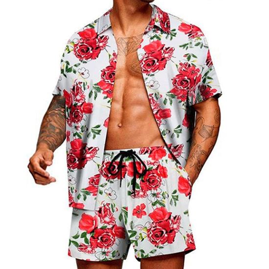 

Spring and Summer Loose Beach Casual Men s Clothing Floral Print Fashion Top Shirt Set XXXXXL