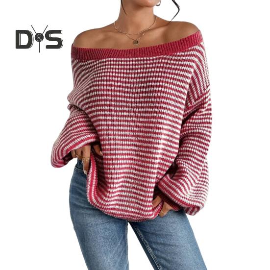 Women Sweater Off Shoulder Oversized Long Sleeve Knit Pullover Top Loose Fit Striped Print Soft Stretchy Knitting Tops
