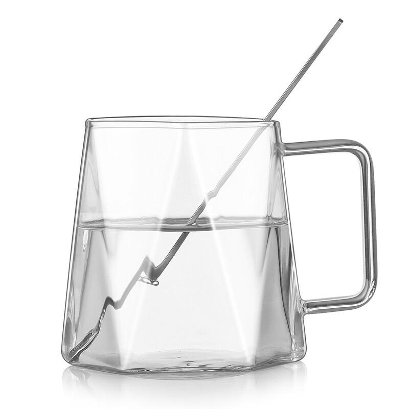 Shineki Heat-Resistant Diamond Glass Mugs (Set of 2) with Handle & Spoon