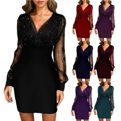 Mode Mesh V-hals Pailletten Lange Mouwen Slim Fit Jurk Dames Comfortabel Casual Zakelijke Feestjurk