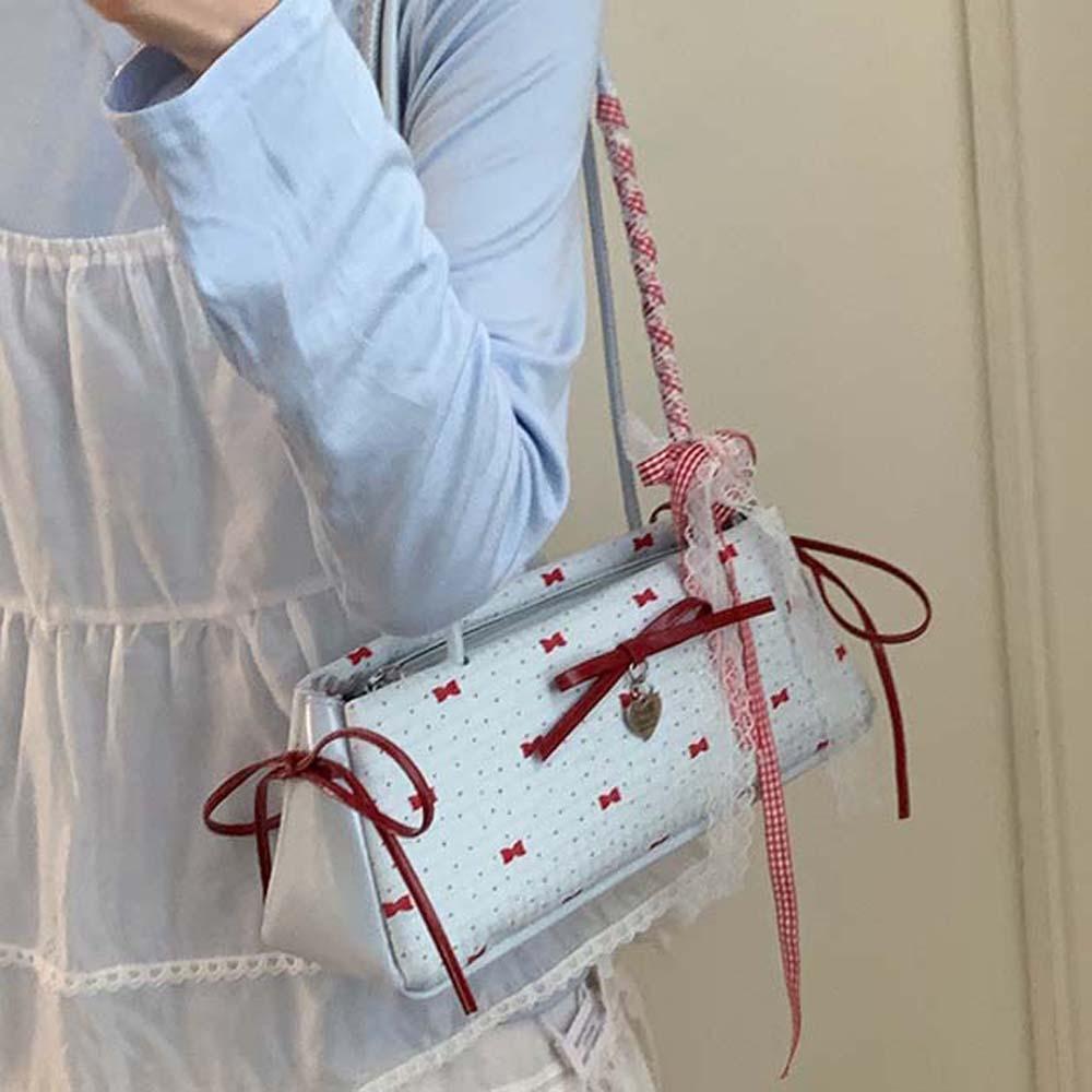 Contrast Color French Stick Handbag Lace Ribbon Underarm Bags All-match Bow PU Shoulder Bag  Daily