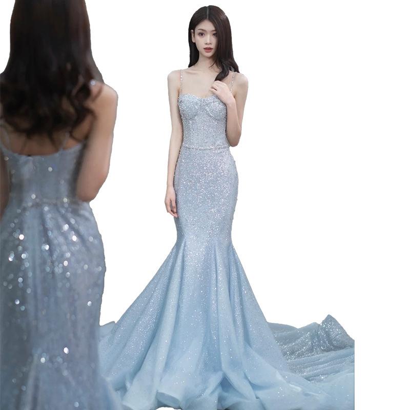 Abito da sera a coda di pesce, modello di alta gamma da passerella, completo da brindisi per esame artistico studentesco, sposa super fatata blu bretelle francesi