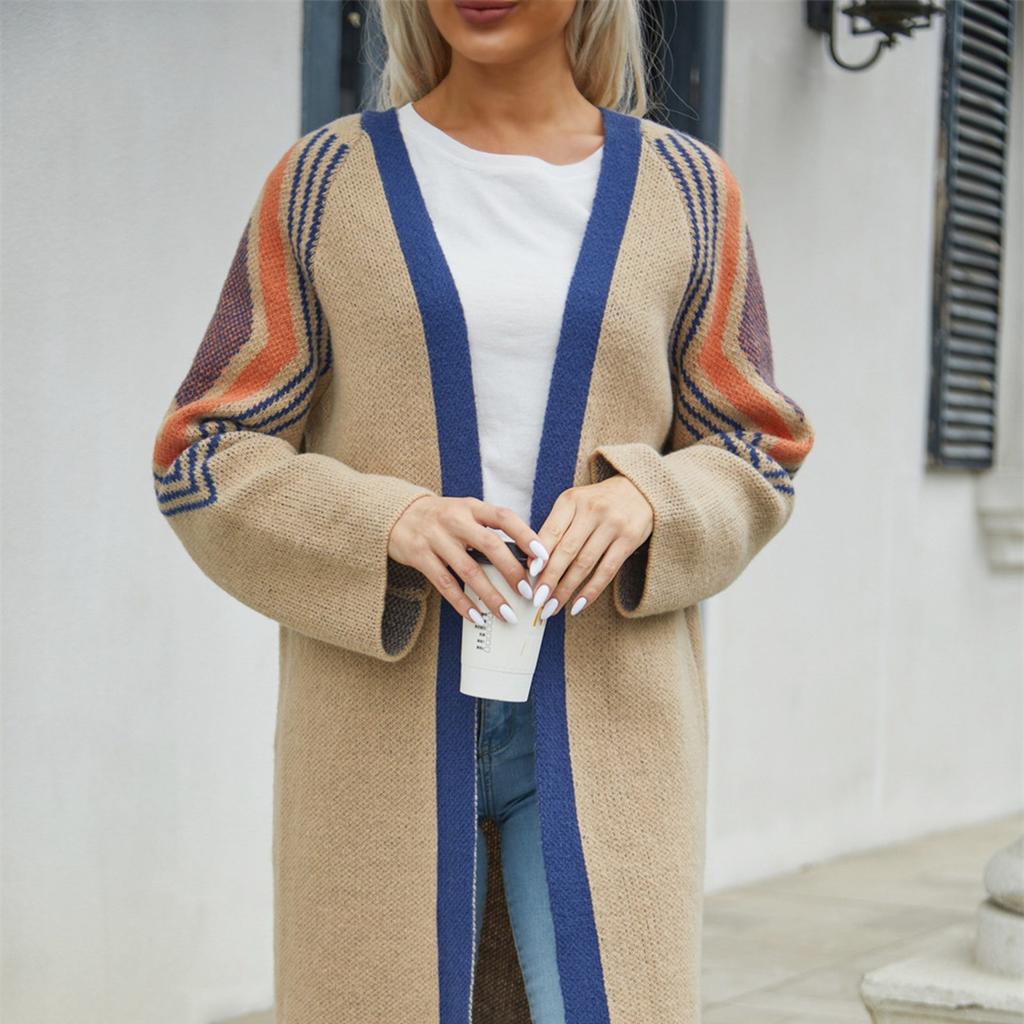 Women Open Front Sweater Long Sleeve Contrast Color Tassel Decor Knit Outwear Stylish Lady Sweater