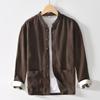 Chinese Style Long Sleeve Men Shirt Traditional Men Clothing Solid Color Stand Collar Cotton Linen Button Shirt Daily Casual Tops Big Pockets