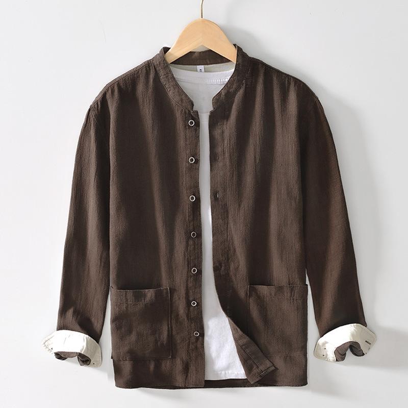 Chinese Style Long Sleeve Men Shirt Traditional Men Clothing Solid Color Stand Collar Cotton Linen Button Shirt Daily Casual Tops Big Pockets