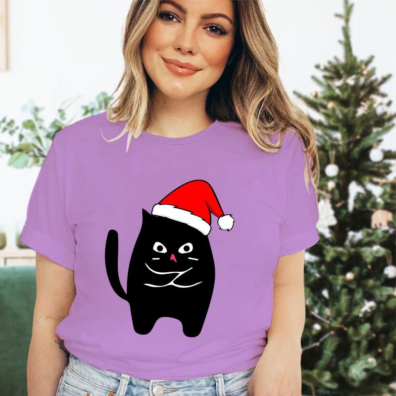 Christmas Black Santa Cat Trend Style Short Sleeve Tshirt Womens Christmas Gift Cute Animals Lovers Cartoon Classic Tshirts