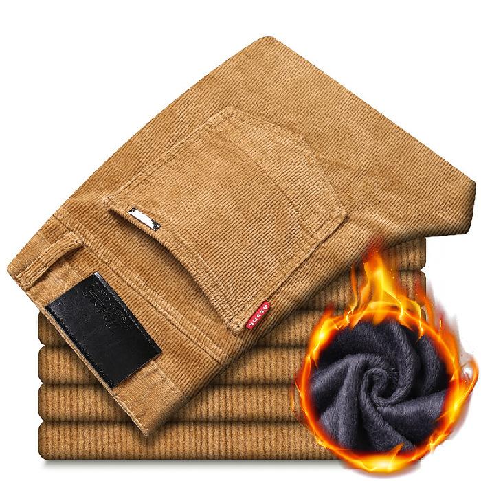 Winter New Men'S Thick And Warm Elastic Striped Velvet Pants With Corduroy, High Waisted Casual Pants, Straight Leg Loose Pants