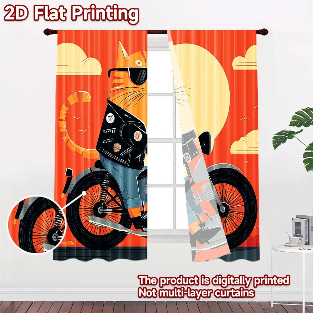 2D Flachdruck 2 Stück Vorhänge Coole Katze fährt Motorrad Digital bedruckte Polyester Vorhänge Geburtstagsparty Verwendung für Stände Studio