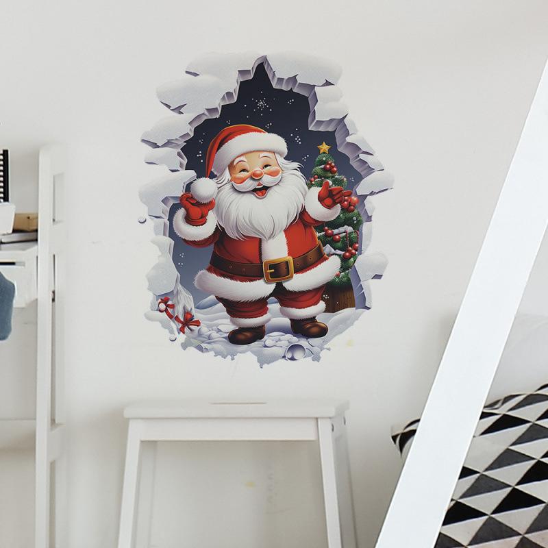 1sheets Santa Claus Christmas Wall Sticker Gift for Kids Baby Rooms Unique Xmas Decor Removable Vinyl Decal Breaking Brick Wall