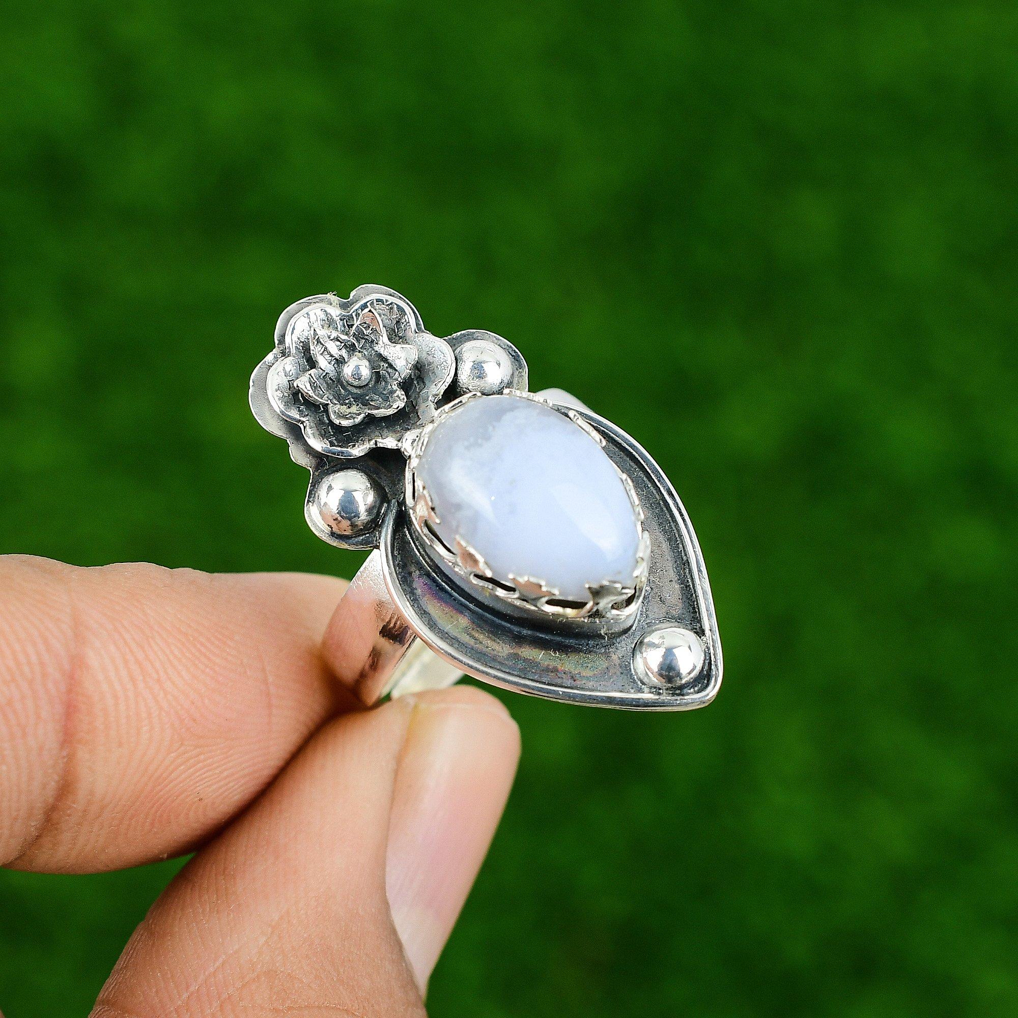 

Natural Blue Lace Agate Stackable Flower Adjustable Ring 925 Silver For Girls Adjustable