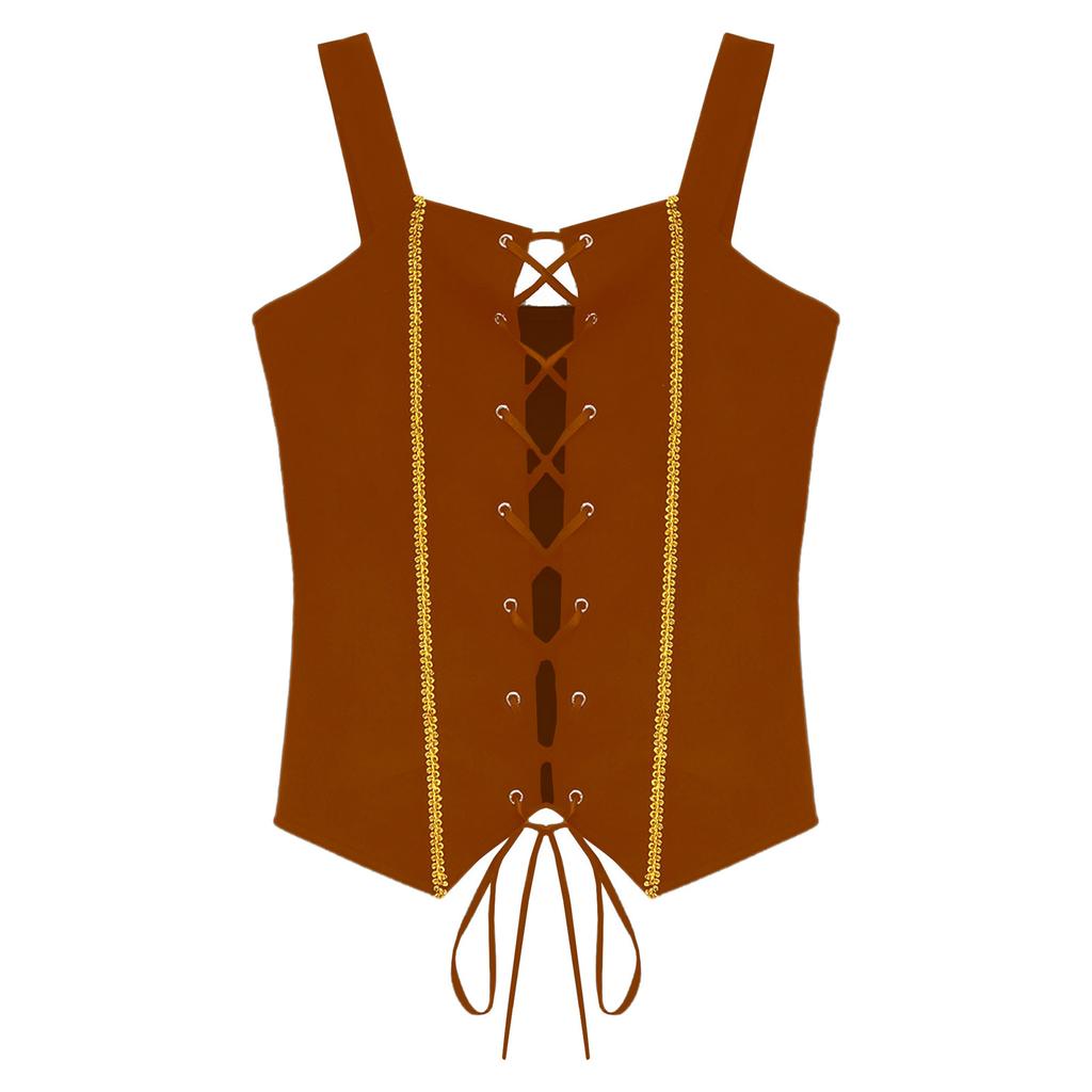 Girls Vintage Pirate Cosplay Vest Lace Up Gold Trim Suede Vest Victorian Costume Halloween Pirate Cosplay Costume