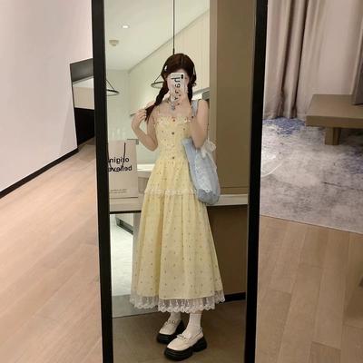 Candy Sweetheart French Gentle Wind Long Dress Women's Summer Waist Skinny Lace Splicing Sweet Suspender Dress Women