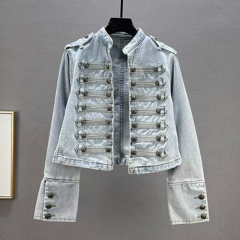 Damen Vintage-Stil Stehkragen Knopfleiste Dekorative Oberteil mit langen Ärmeln Denim Kurzjacke für Frühling und Herbst