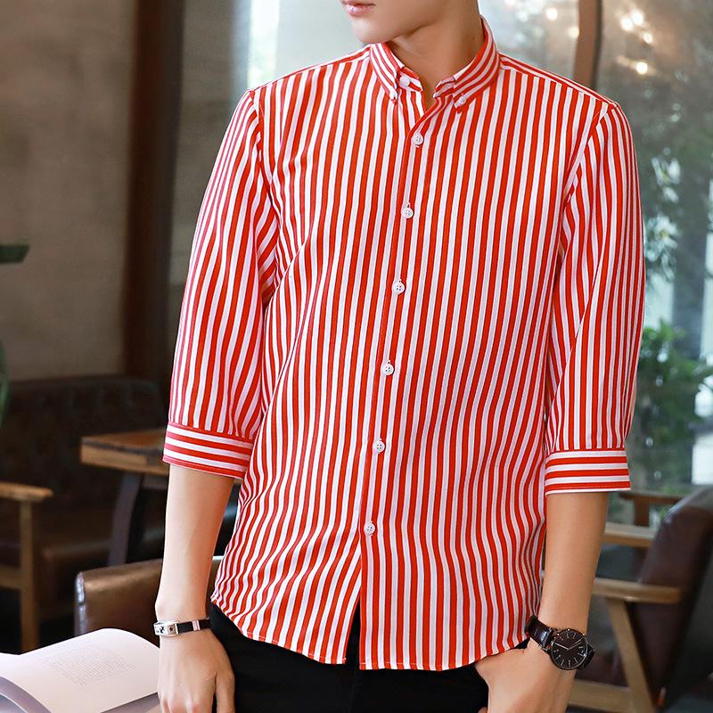 Men's Slim-Fit Striped Shirt: Japanese Style, Seven-Sleeve, Urban Casual for Spring and Autumn