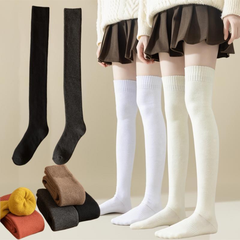 Korean Style Women's Fleece-Lined Over-the-Knee Socks - Thick, Warm Terry for Autumn/Winter