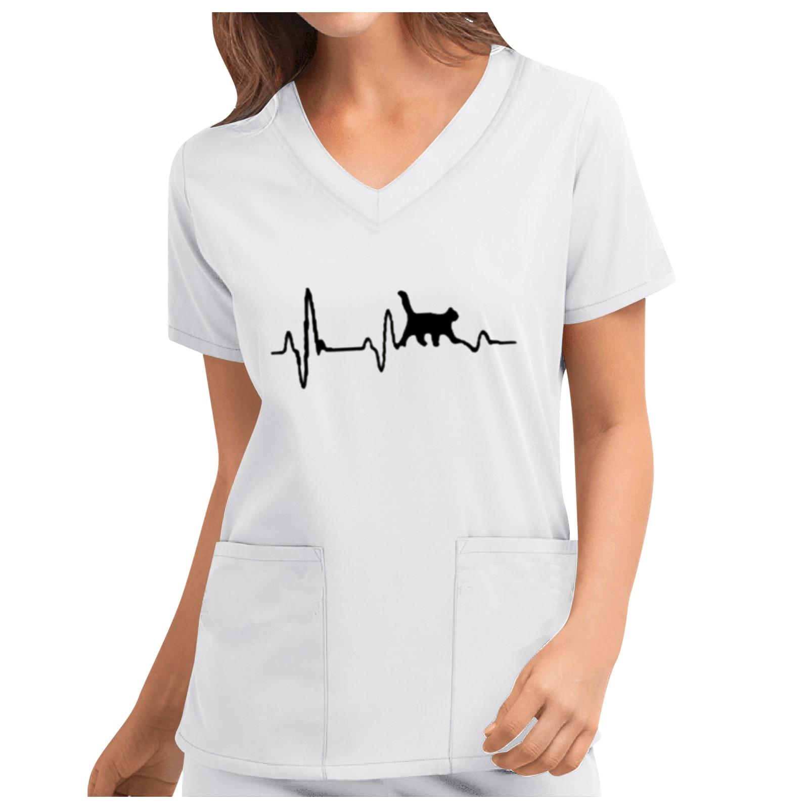 

Женский однотонный топ с v-образным вырезом и короткими рукавами с милым принтом, однотонный топ с карманами M белый