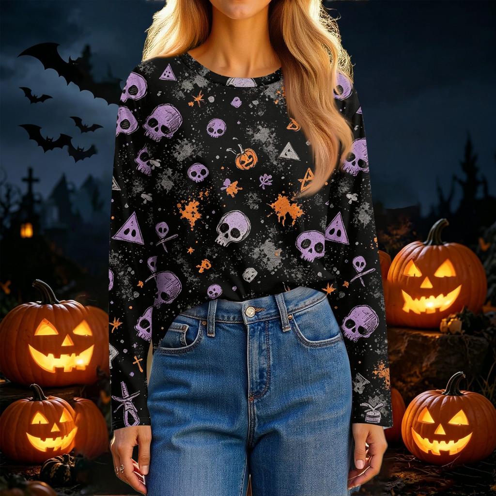 Women's Fashion Casual Long Sleeve Halloween Print Crewneck Top