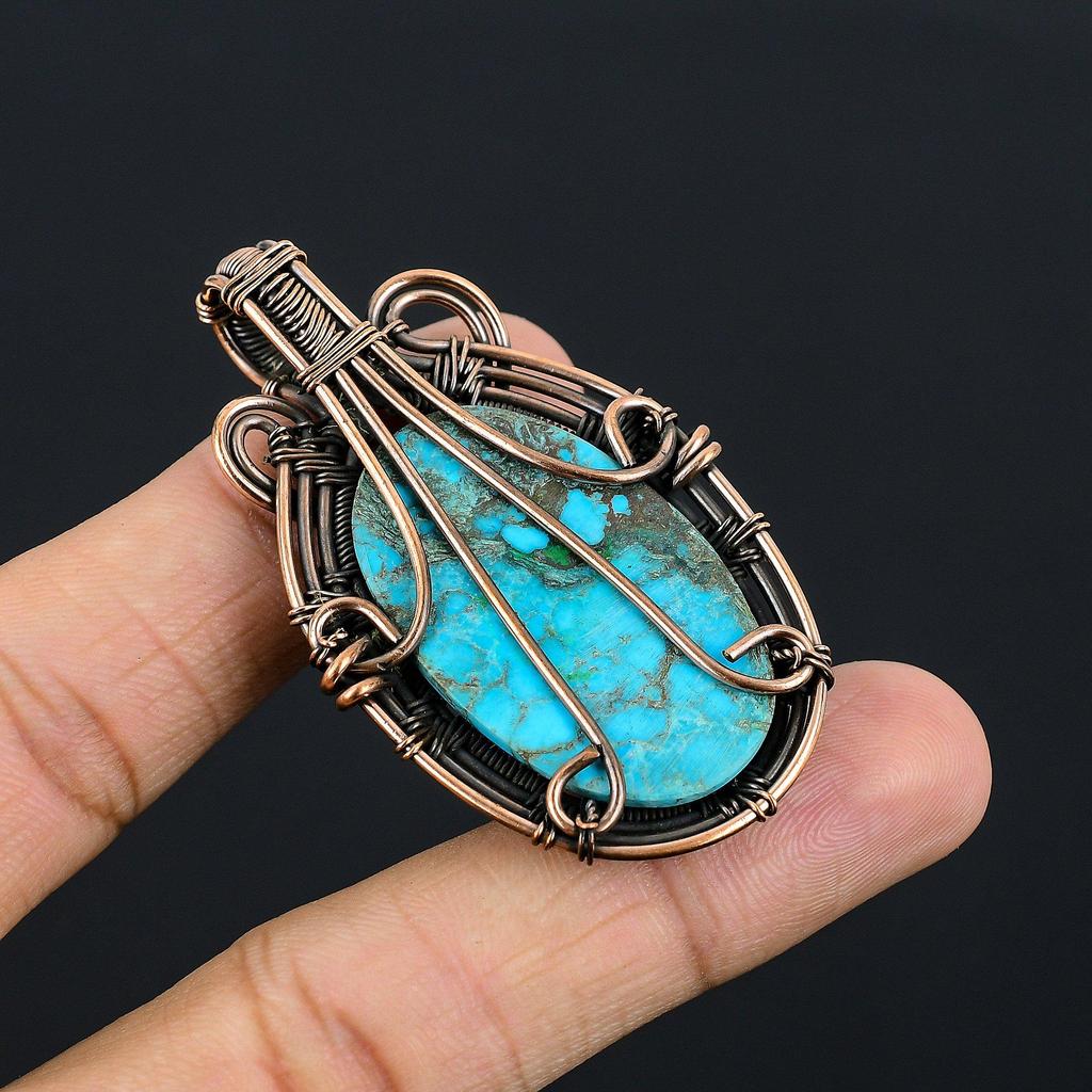 Tibetan Turquoise Pendant, 999 Copper Wire Wrapped Gemstone Jewelry, Handmade Pendant, For Thanksgiving