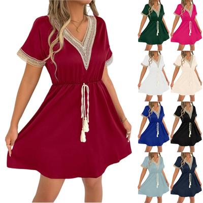 Damen Modisches Druck Rundhals Locker Kurzärmelig Tasche Pullover Kleid