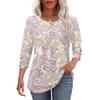 Women's Casual Loose Fit Top Round Neck Three Quarter Sleeve Blouse Button Detail Lightweight Fabric Relaxed Fit