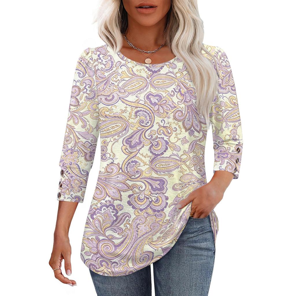 Women's Casual Loose Fit Top Round Neck Three Quarter Sleeve Blouse Button Detail Lightweight Fabric Relaxed Fit