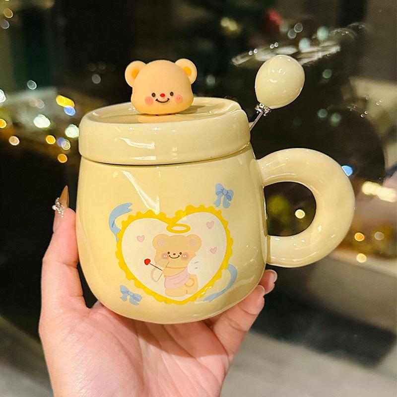 

Cartoon Butter Bear Ceramic Mug with Lid Spoon Cute Home Coffee Cup Breakfast Milk Cup Souvenir 340ml